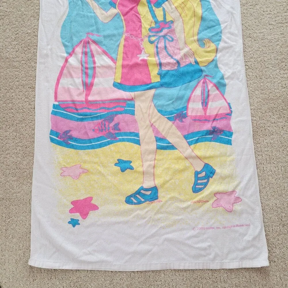 Vintage Y2K Mattel Barbie Beach Bath Towel Summer 2000 Boat Fish 90s Retro 28x52